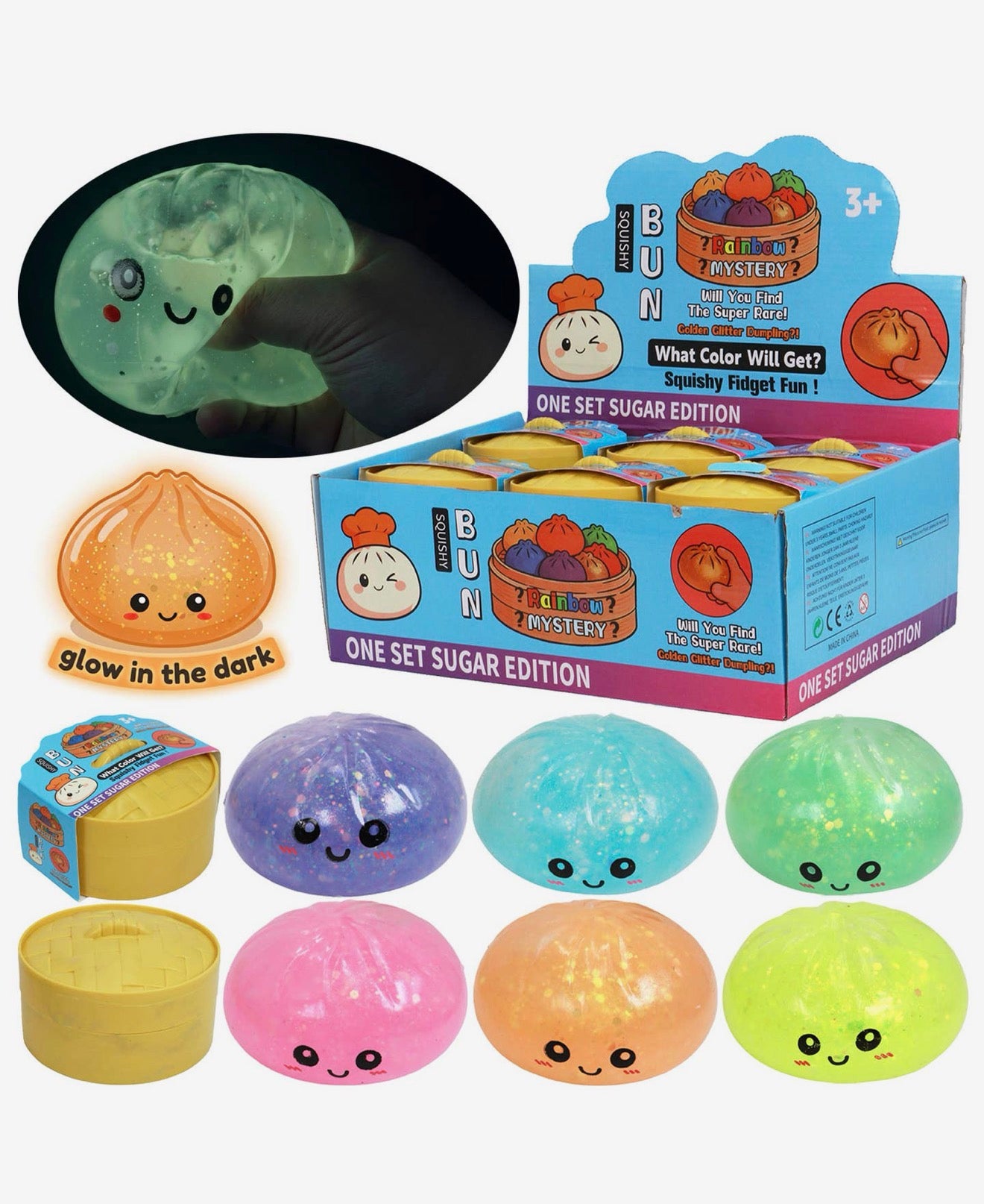 Squishy BAO Dumpling gélatineux et rebondissant, pailleté et phosphorescent