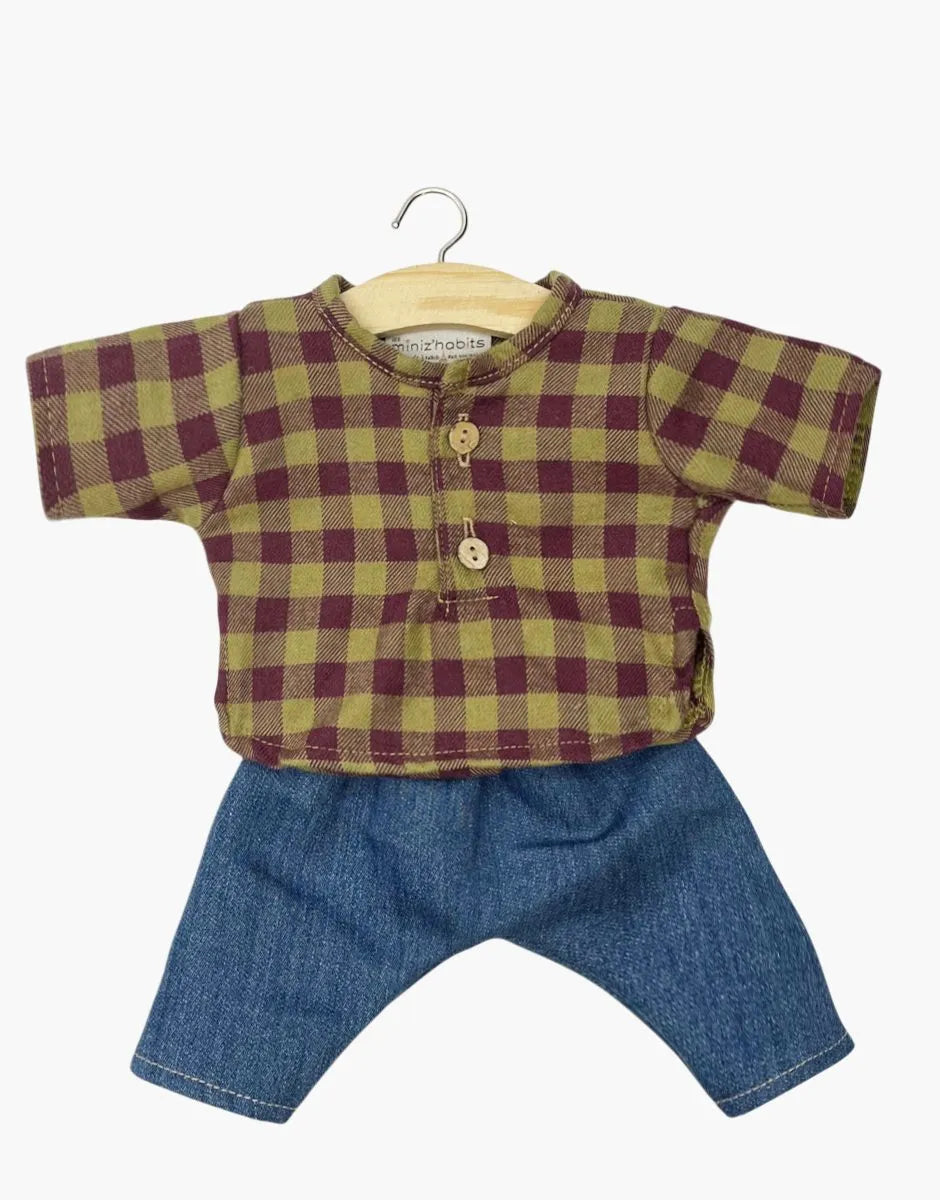 Ensemble Marien en flanelle Vichy olive et jean bleu foncé