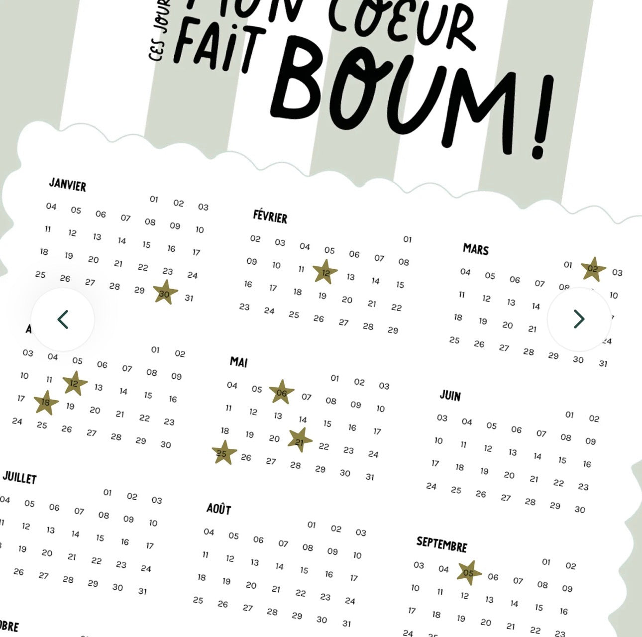 Calendrier mon coeur fait boom - rayures