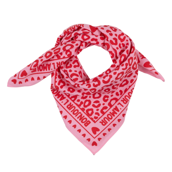 Foulard léopard 55cm fond rose / motif rouge