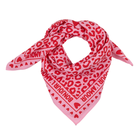 Foulard léopard 55cm fond rose / motif rouge