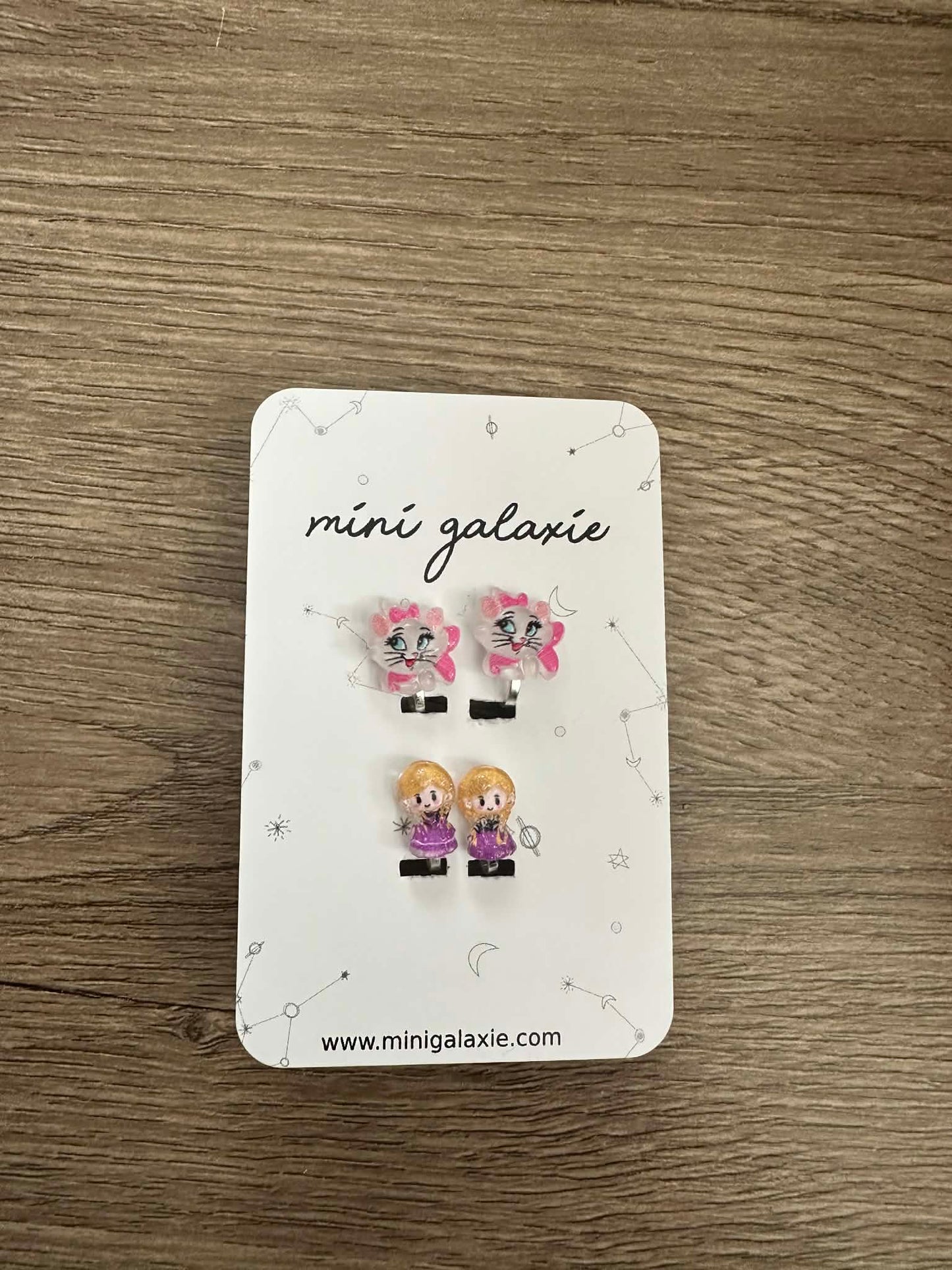 Boucles d’oreilles à clips enfant - Chats et princesses violet