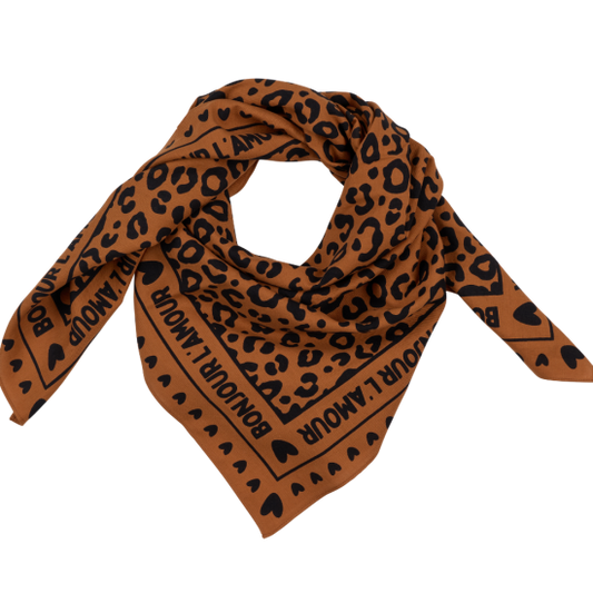 Foulard léopard 100cm fond marron / motif noir
