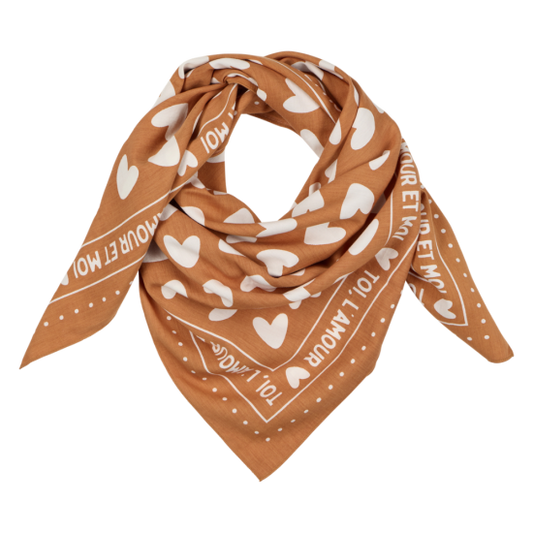 Foulard coeurs 55cm fond marron / motif blanc