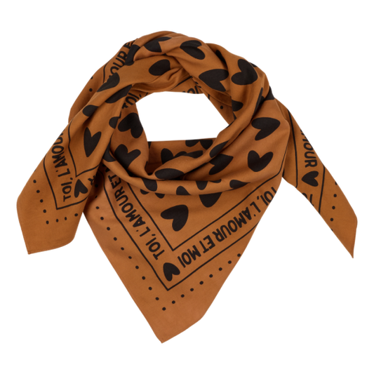 Foulard coeurs 55cm fond marron / motif noir
