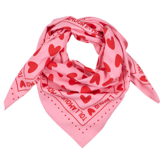 Foulard coeurs 55cm fond rose / motif rouge