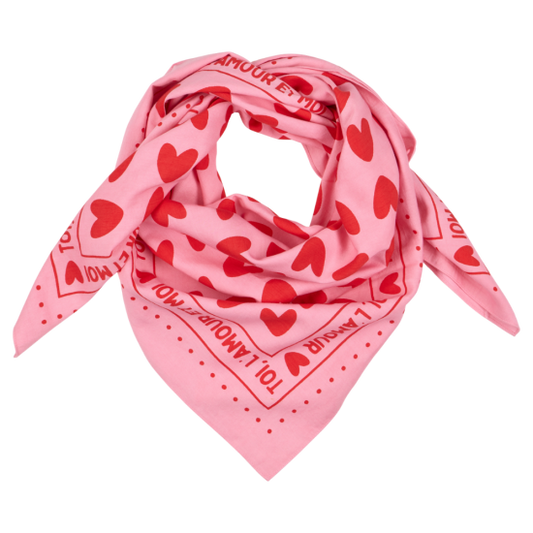 Foulard coeurs 55cm fond rose / motif rouge