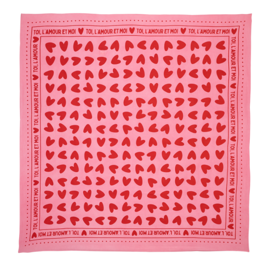 Foulard coeurs 55cm fond rose / motif rouge