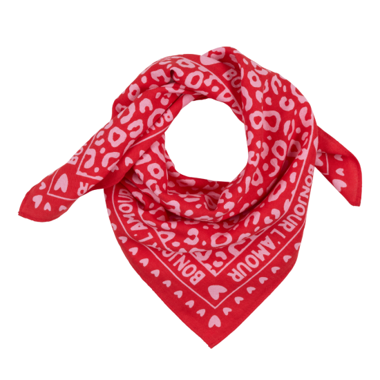 Foulard léopard 55cm fond rouge / motif rose