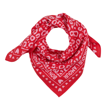 Foulard léopard 55cm fond rouge / motif rose