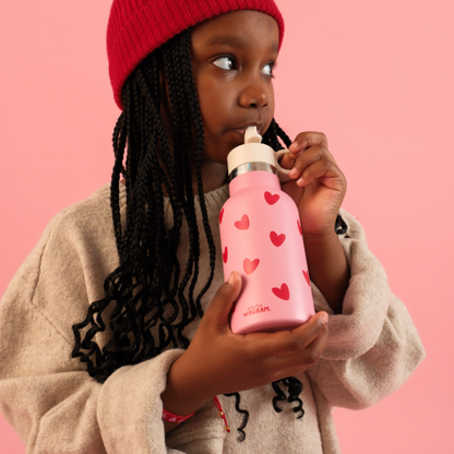 Gourde 350ml rose coeurs rouge