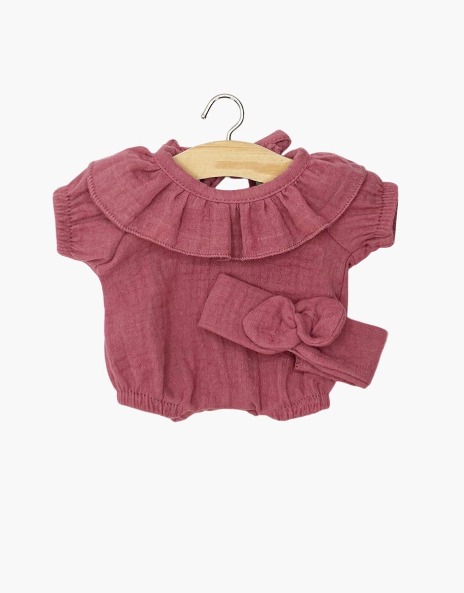 Babies – Barboteuse à collerette Eva et son headband en gaze de coton framboise