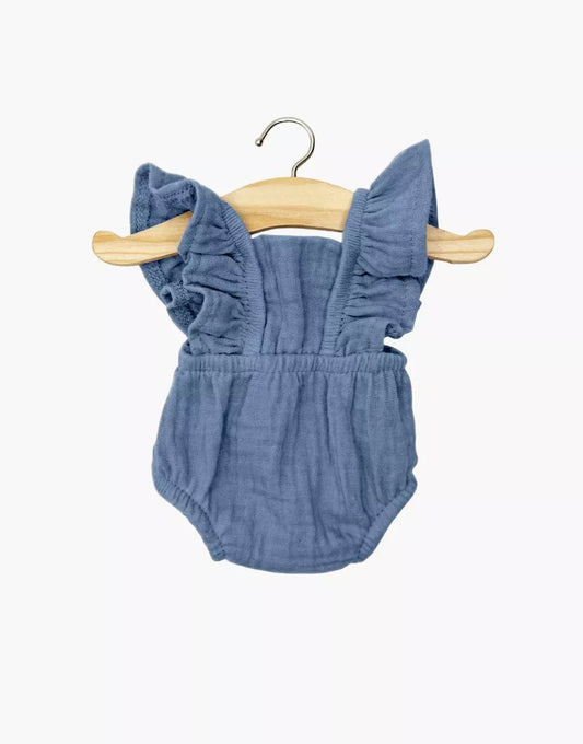 Barboteuse rétro Lou en gaze de coton bleu jeans  - CG.17.599