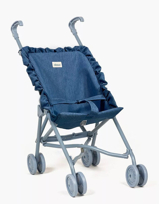 Poussette poupée à volants en jean tencel rayé sur châssis bleu