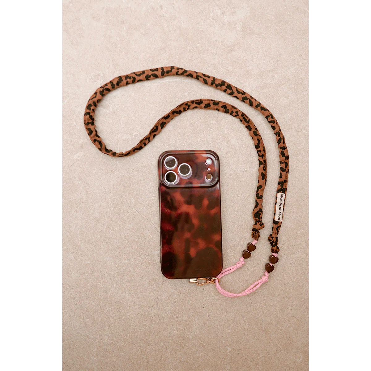 Sangle de téléphone Billie - Léopard Marron cordon Rose